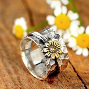 Fashion Chrysanthemum Metal Plating Hammered Antiestress Rings Size 9
